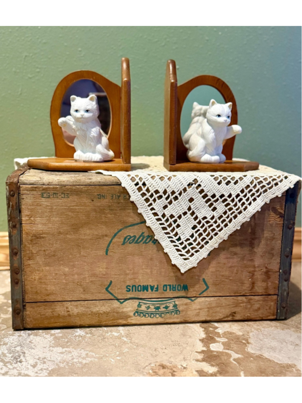 Vintage Wooden Cat Bookends with Mirrored Arches | White Ceramic Kitten Book End